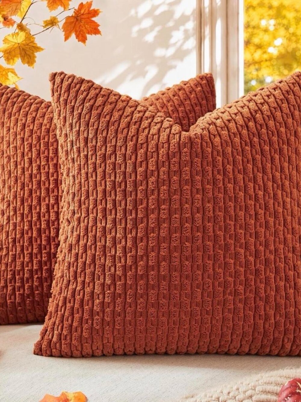 Fall Decorative Soft Corduroy 18x18 Inch Pillow Covers 2 Pack, Rust Brown